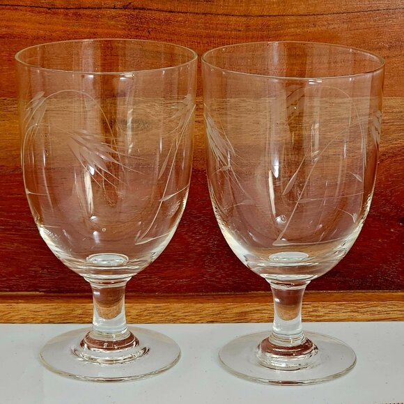 2 Sasaki Wheat Water Ice Tea Glasses etched crystal 5.25" smooth stem 1950s vtg - Picture 5 of 7